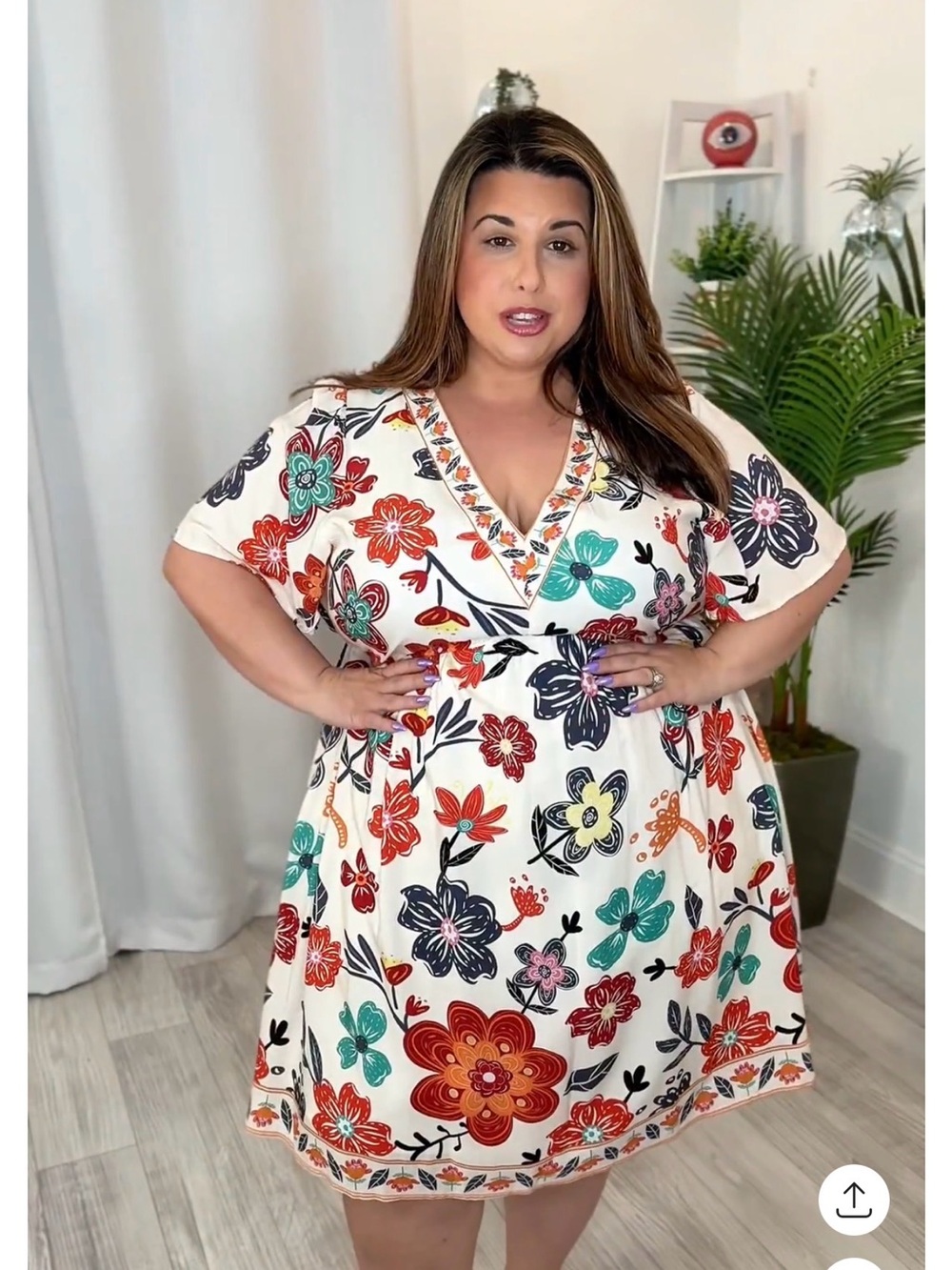 Cream Midi Dress with Red, Teal, Navy & Orange Floral Boho Print